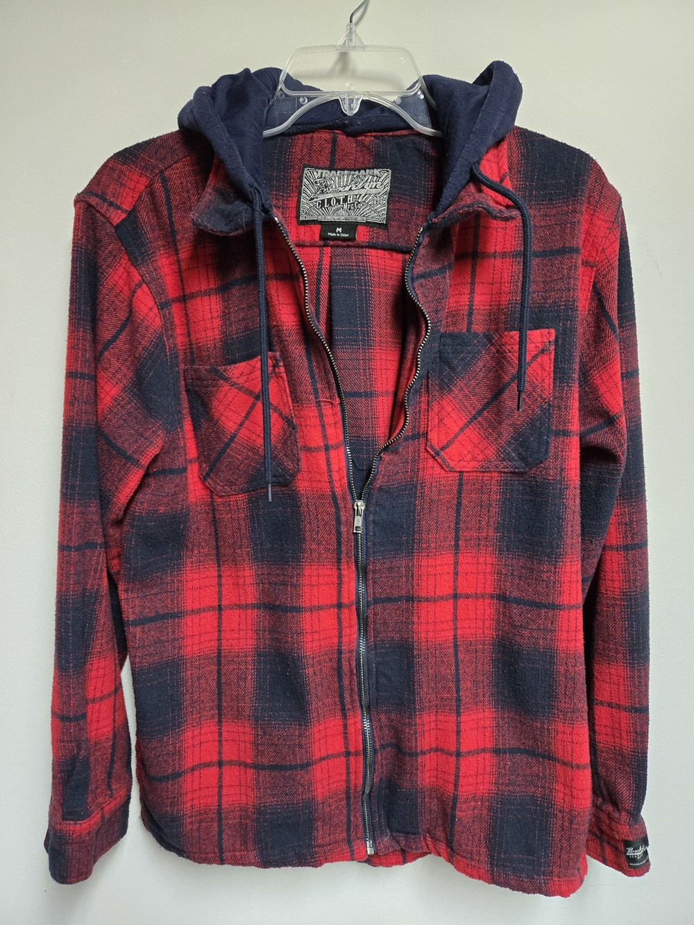Brooklyn Cloth Men's Hooded Red & Navy Flannel Shirt Jacket Size Medium